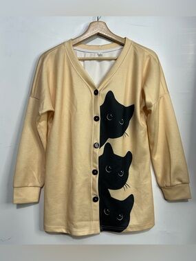 Cream Button Front Cat Print Cardigan Sweater Small